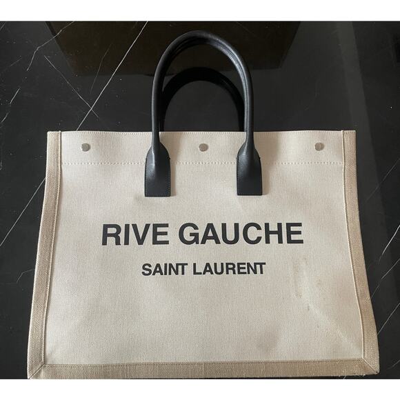 $2K SAINT LAURENT YSL RIVE GAUCHE CANVAS LEATHER SUMMER LARGE TOTE BAG - Picture 1 of 11